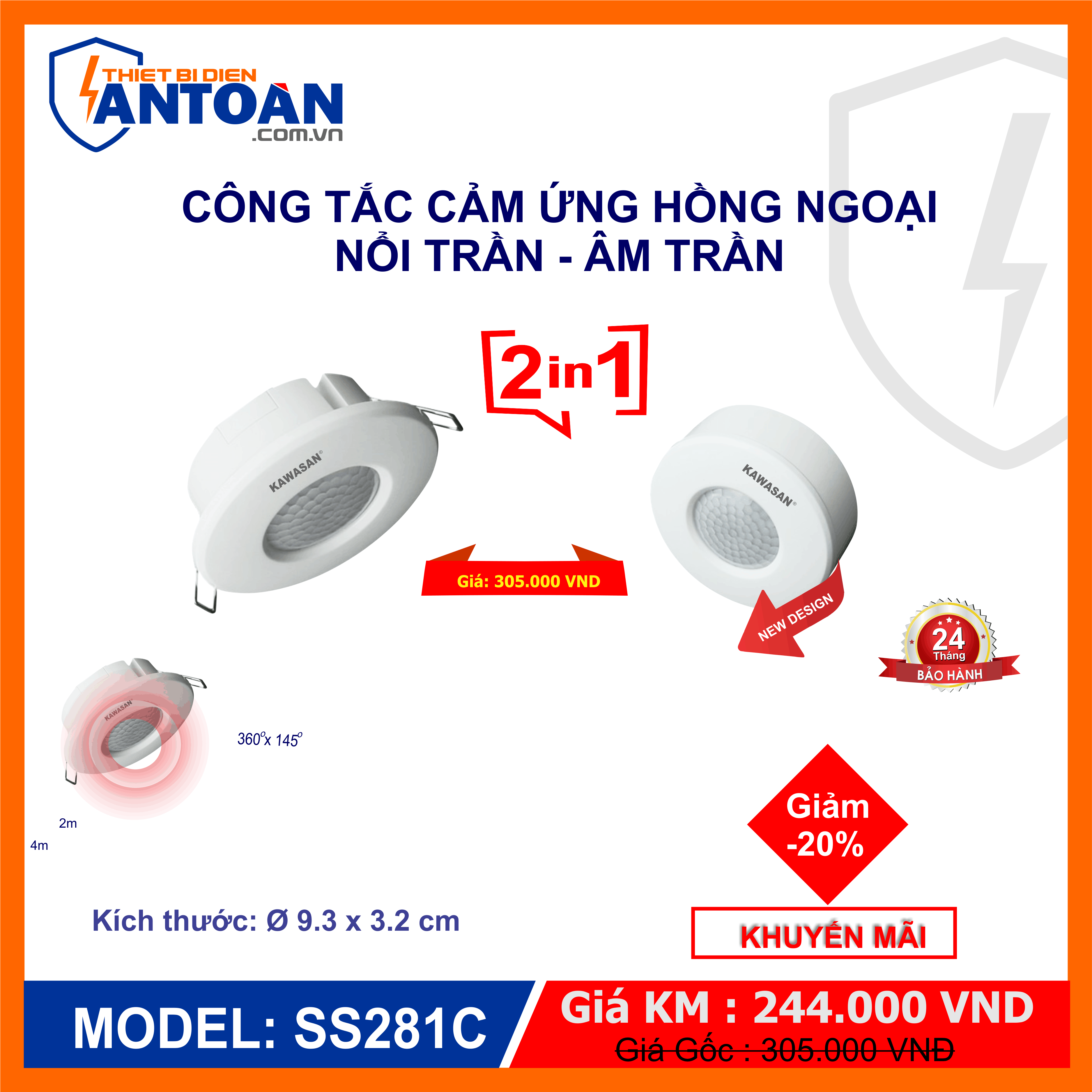 Công tắc cảm ứng hồng ngoại âm trần nổi trần kw-ss281c