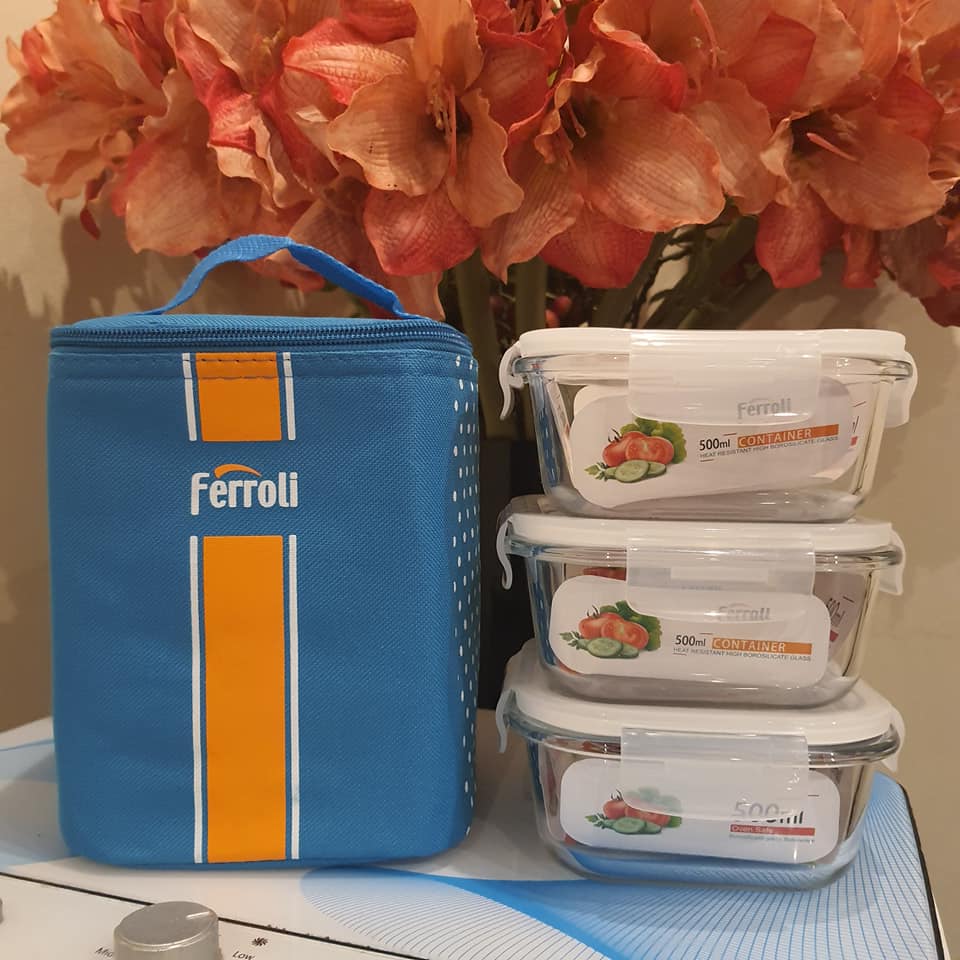 3 Hộp Thủy Tinh Ferroli 500ml - Bát Thuỷ Tinh Ferroli, Hộp Đựng Thức ăn, Hộp Đựng Thức Ăn Ferroli Chịu Nhiệt Tốt, Nắp Đậy Kín
