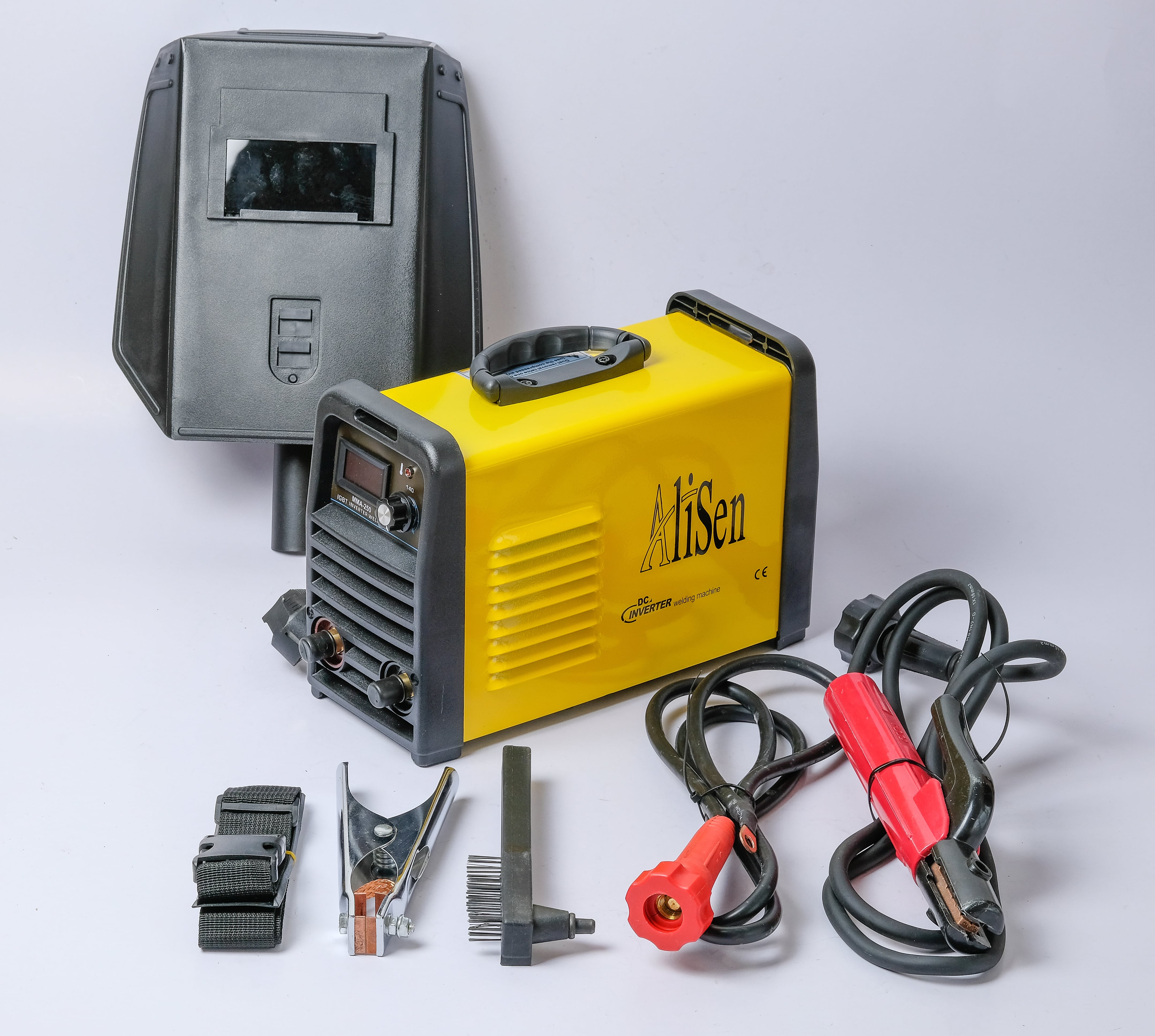 Máy hàn điện tử, máy hàn que, hàn hồ quang chuyên dụng chính hãng Alisen MMA250 - Bộ phụ kiện dây hàn dây mát mo hàn + quai đeo, may han mini