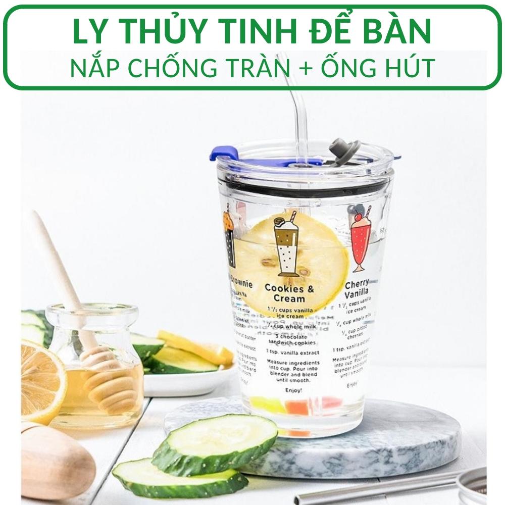 Ly thủy tinh có nắp giữ nhiệt chống tràn kèm Ống hút Haxixishop 450ml