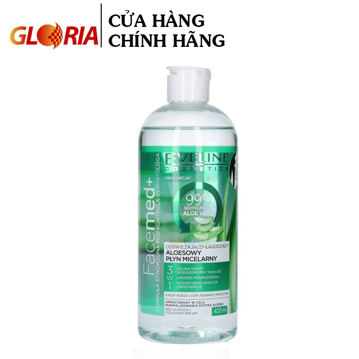 Nước tẩy trang làm dịu mát da 3 trong 1 Eveline chiết xuất Lô hội Facemed 400ml