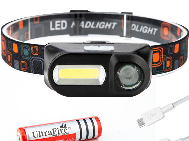 Đèn pin đội đầu mini HFL-01 pin 18650 rời bóng LED COB+XPE tích hợp cổng sạc micro USB vô cùng tiện dụng
