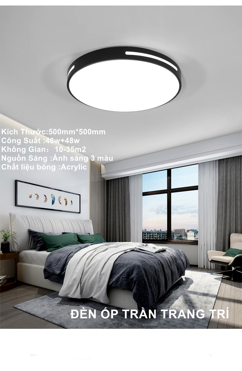 Đèn led ốp trần 3 màu tròn viền kép trang trí phòng khách phòng ngủ. Kích thước: 500mm * 500mm,Công suất: 48w+48w 003