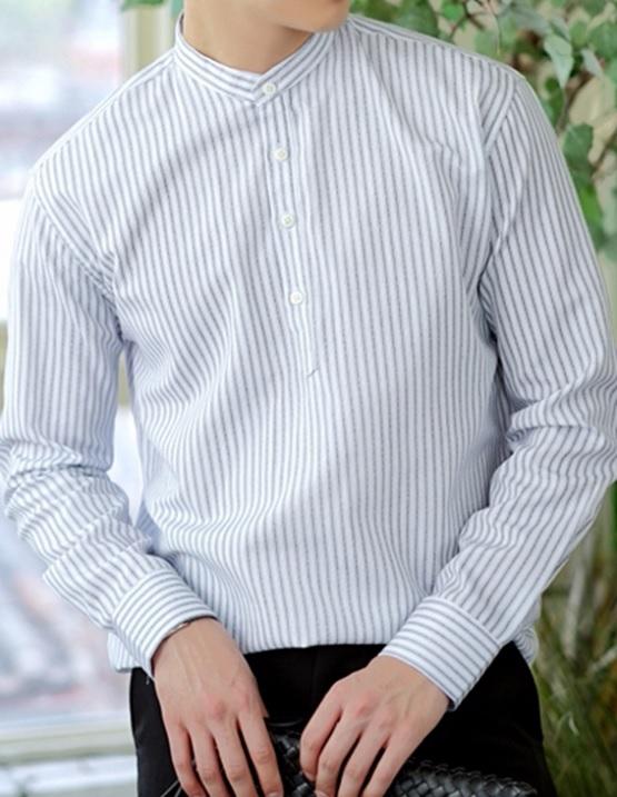 [HCM]Áo sơ mi nam kẻ sọc trắng xanh đen cổ trụ kiểu Hàn Quốc