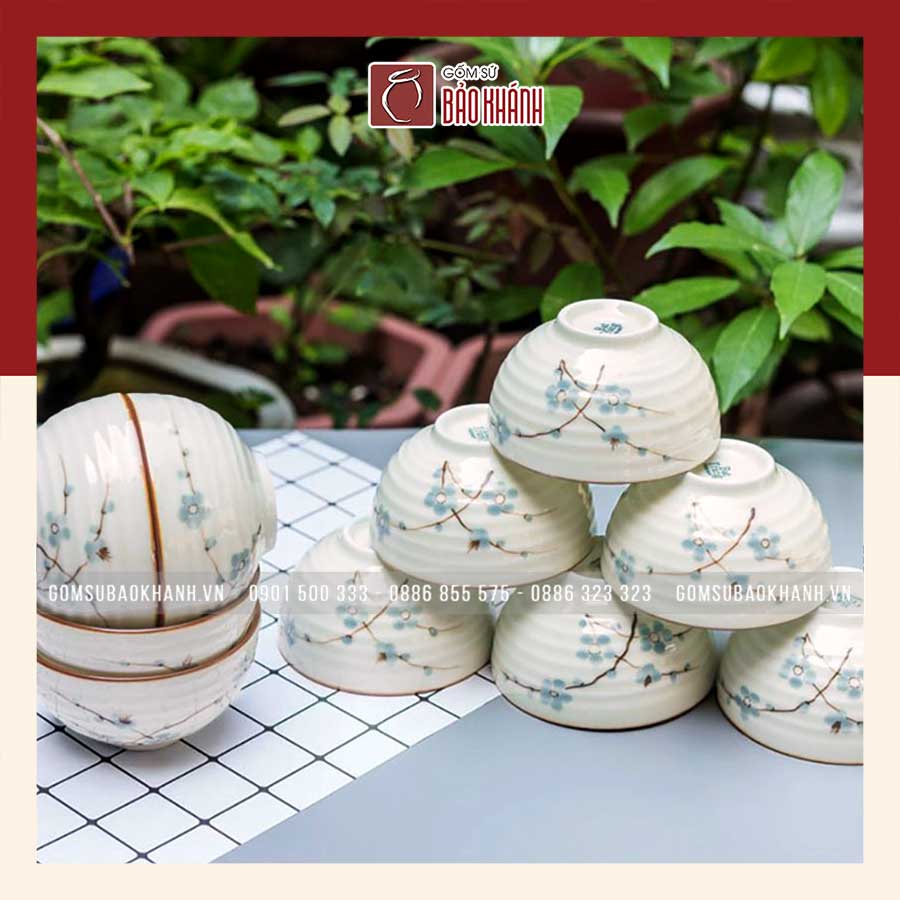 Bộ bát ăn cơm men kem hoa Đào xanh chính hãng bát Tràng