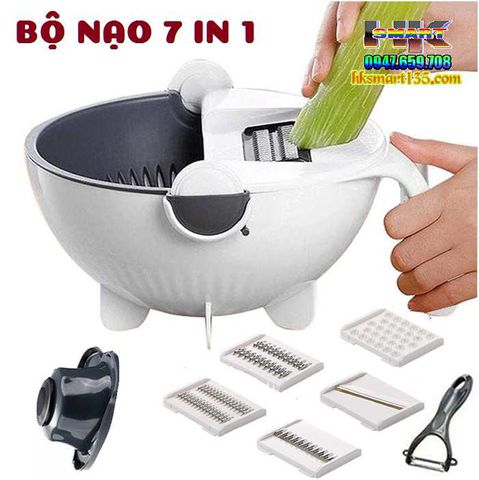 nạo gọt rau củ quả 6 in 1 kèm rổ, quai cầm - Dụng cụ nhà bếp bào sợi, thái lát có nhiều lưỡi dao thay thế tiện dụng, an toàn vệ sinh, tiết kiệm thời gian