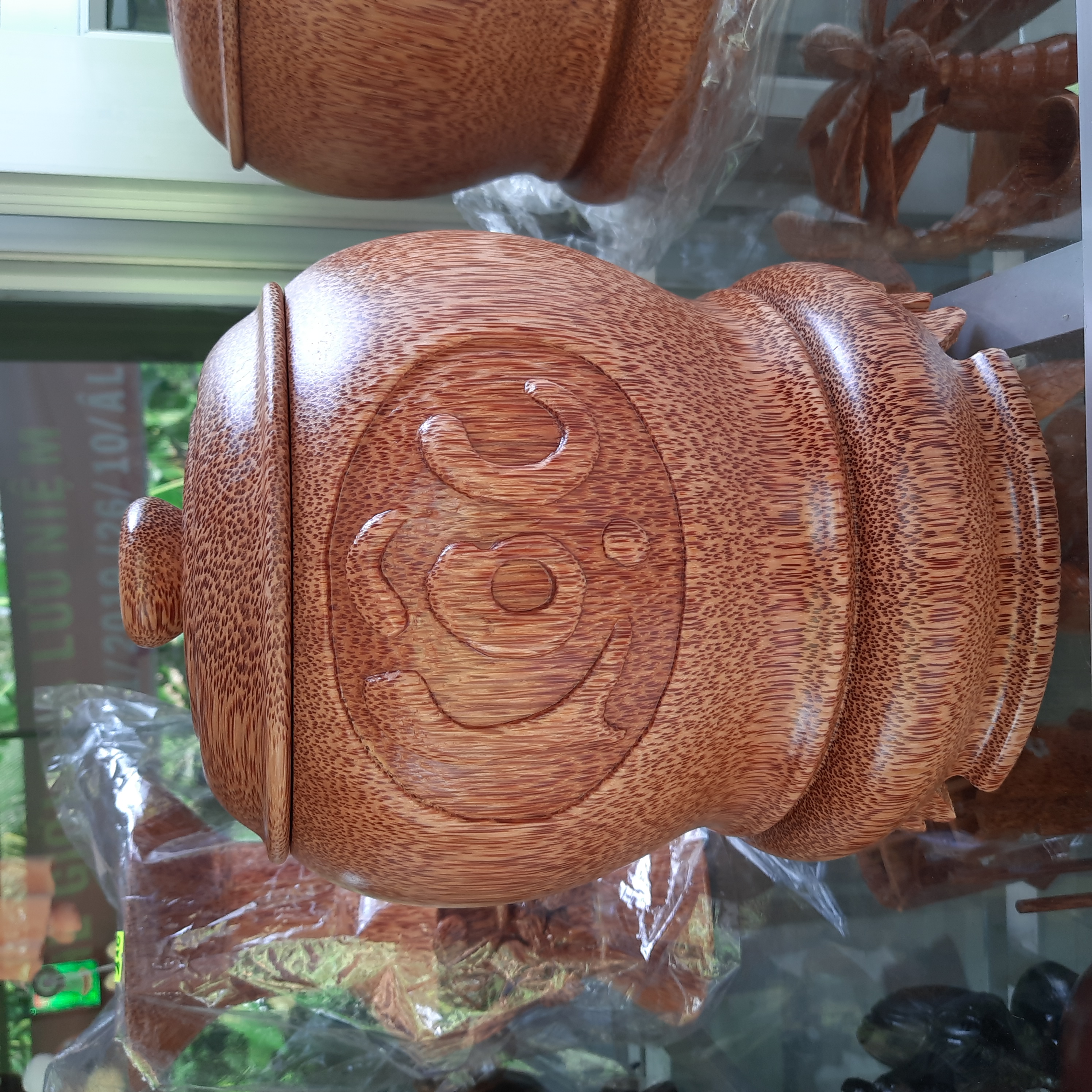 Vỏ Bình Trà Giữ Nhiệt Bằng Gỗ Dừa Nguyên Khối - Có Khắc Chữ PHÚC LỘC THỌ - Có Đôn Chân - Nặng Trên 3kg