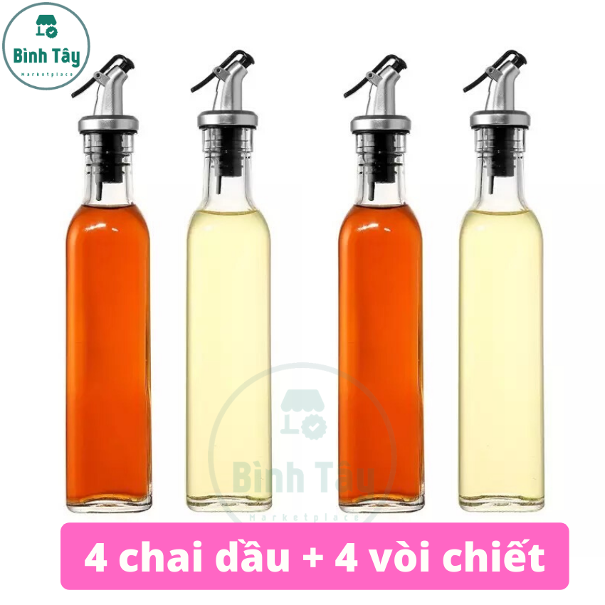 [HCM](Combo 4 chai) đựng gia vị - dầu ăn - bình rót dấm nước tương nước mắm mật ong TẶNG (4 nắp nhôm + 4 vòi chiết) Dung Tích 500ml KN-D036
