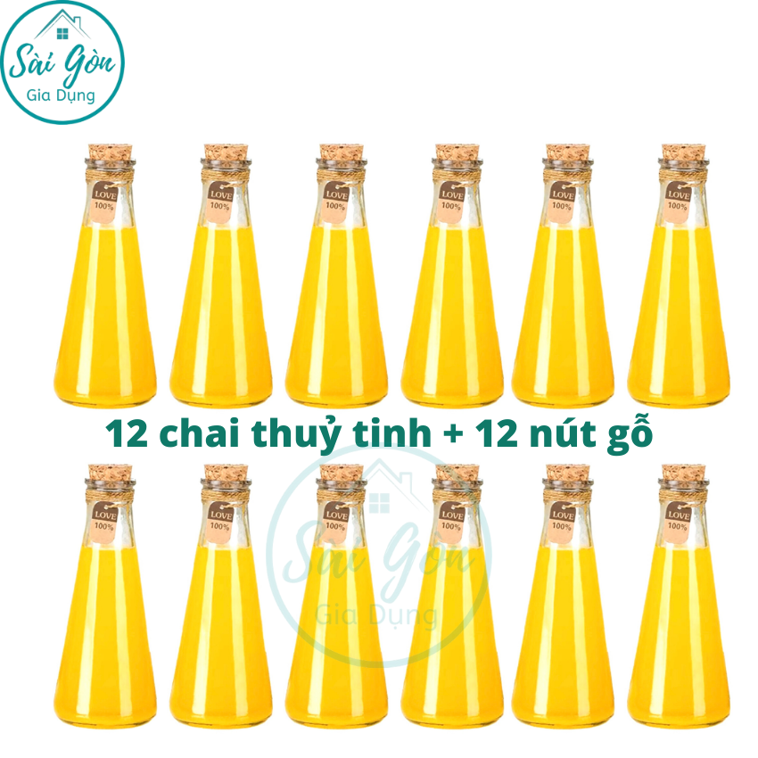 [HCM]12 bình nước thuỷ tinh tam giác FREE 12 nút gỗ dung tích 375ml SG-L060