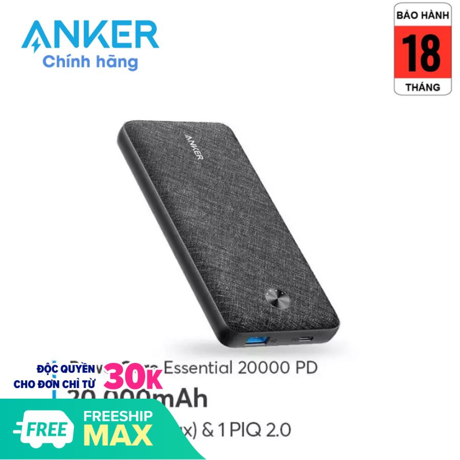 Pin sạc dự phòng Anker A1281 PowerCore Essential PD 20000mAh 18W USB-C Power Delivery + PIQ2.0 Fast Charging - Phân phối bởi Vietstore