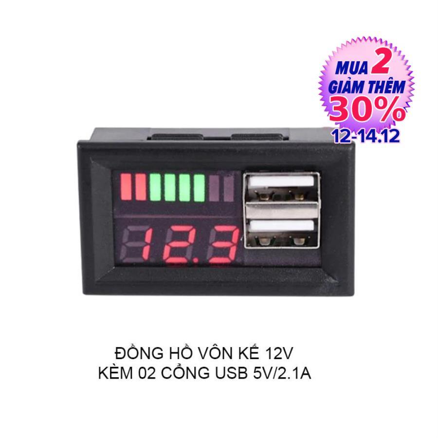 Đồng hồ vôn kế đa năng 12V kèm 2 cổng USB 5V2.1A cho sạc điện thoại DL-USB02