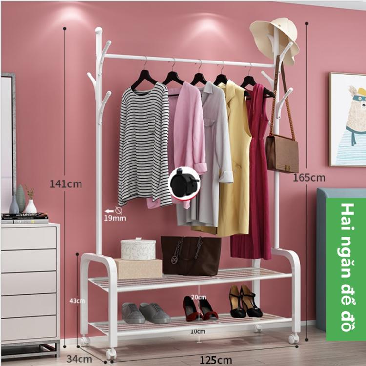 Giá treo quần áo nhiều chức năng bằng sắt rộng 125cm cao 165cm Cây treo túi Cây treo mũ Kệ để giày dép Kệ để túi