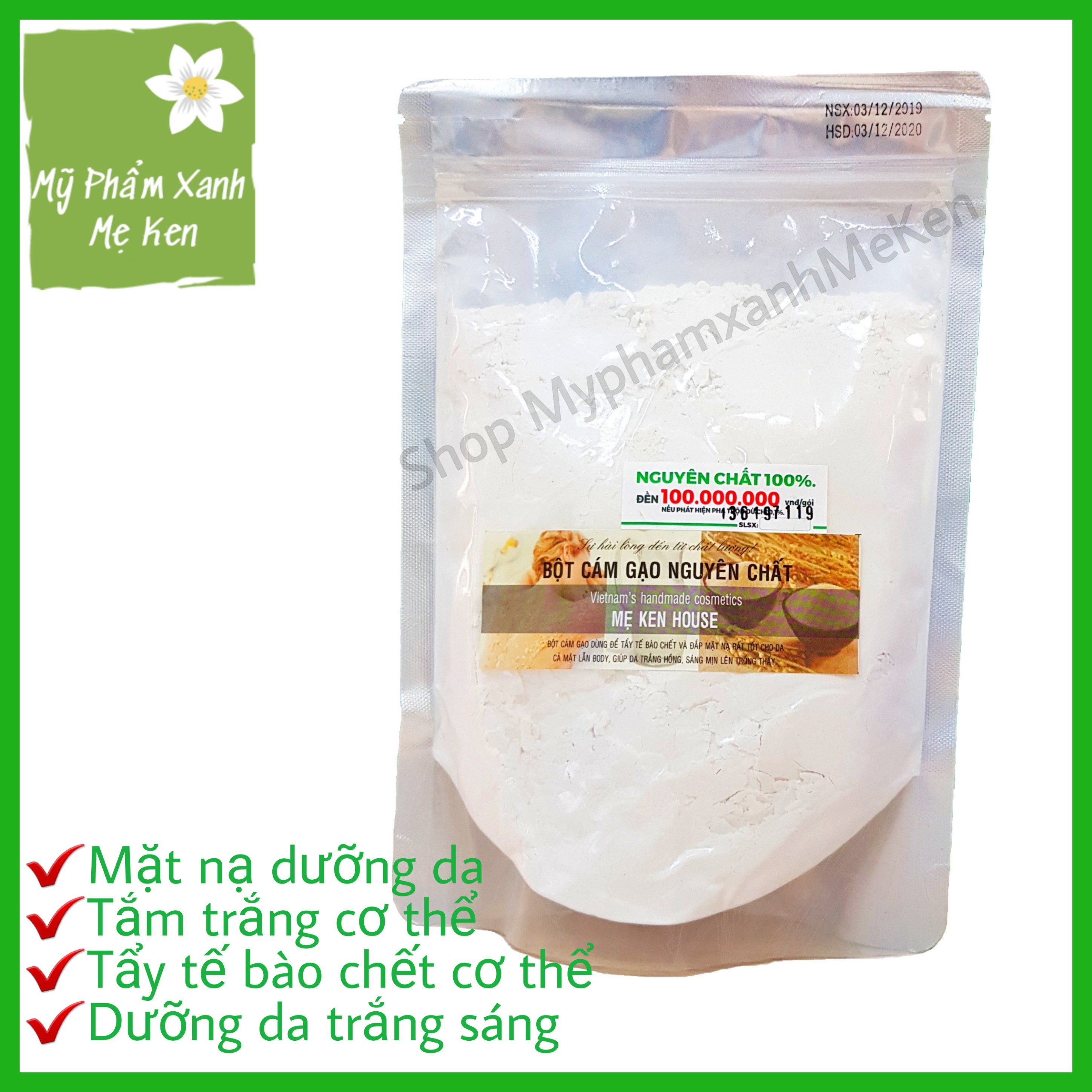 Bột cám gạo nguyên chất Mẹ Ken Tẩy tế bào chết, đắp mặt nạ, tắm trắng da, dưỡng da trắng hồng, chống lão hóa - 500 gr