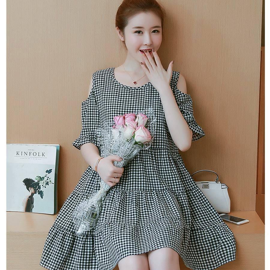Momi 1295 váy bầu kẻ hở vai