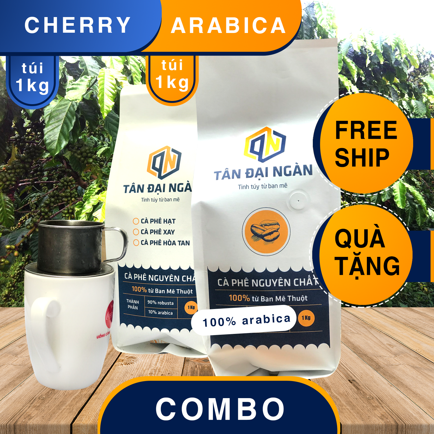Combo 1kg cà phê robusta cherry và 1kg cà phê arabica rang xay nguyên chất từ tân đại ngàn