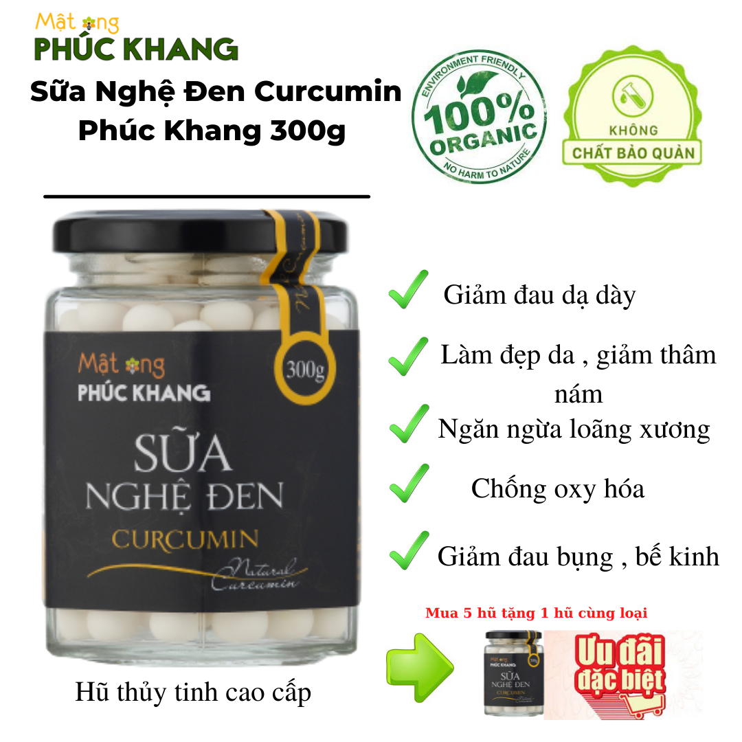 [Mật ong phúc Khang] Viên Nghệ Đen Curcumin Phúc Khang 300g - Mua 5 hũ tặng 1 hũ cùng loại