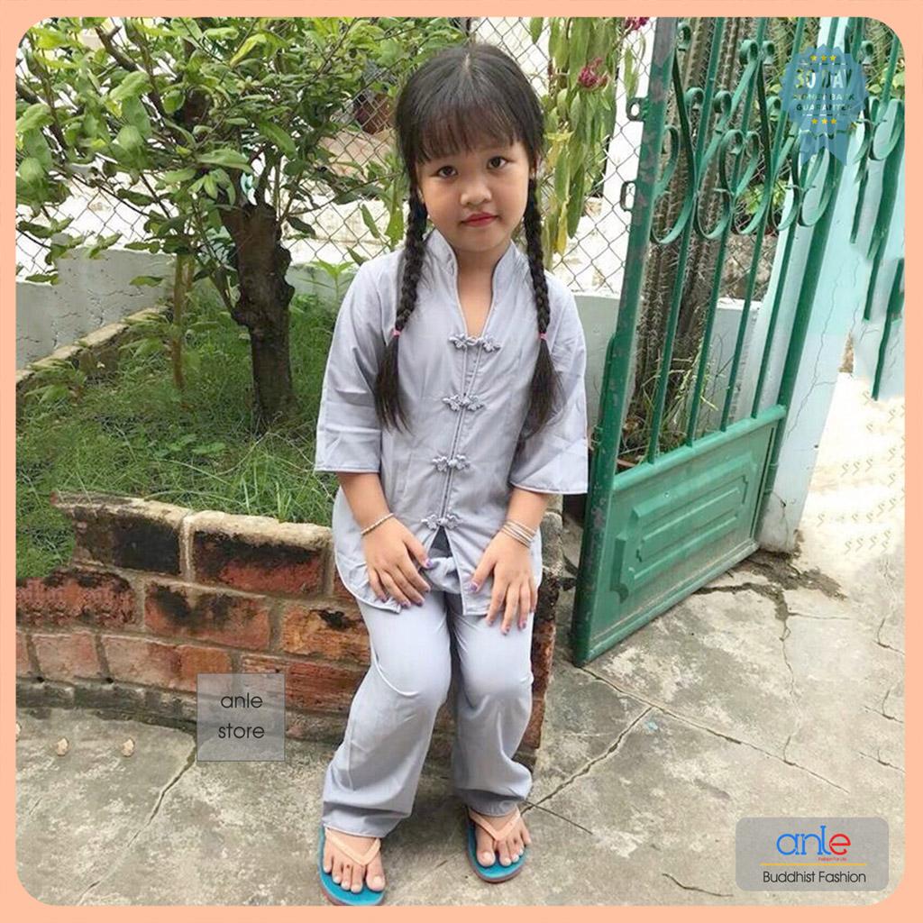 Đồ lam đi chùa BỘ CỔ TÀU TRẺ EM - Bộ đồ đi chùa Bé Gái Vải Kate Cotton Thoáng mát - Quần áo lam Phật tử đi chùa cho trẻ em - BCTK1AN - Anle Store