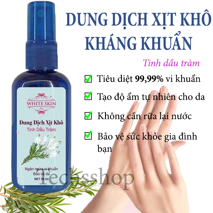 Dung dịch rửa tay xịt khô tinh dầu tràm White skin 55ml - Dạng xịt - Gel nước rửa tay khô diệt khuẩn 99,99% cho gia đình - Kháng khuẩn - Nước rửa tay khô sát khuẩn khử mùi cho văn phòng - Chai nước rửa tay cho sinh viên - sở y tế cấp phép