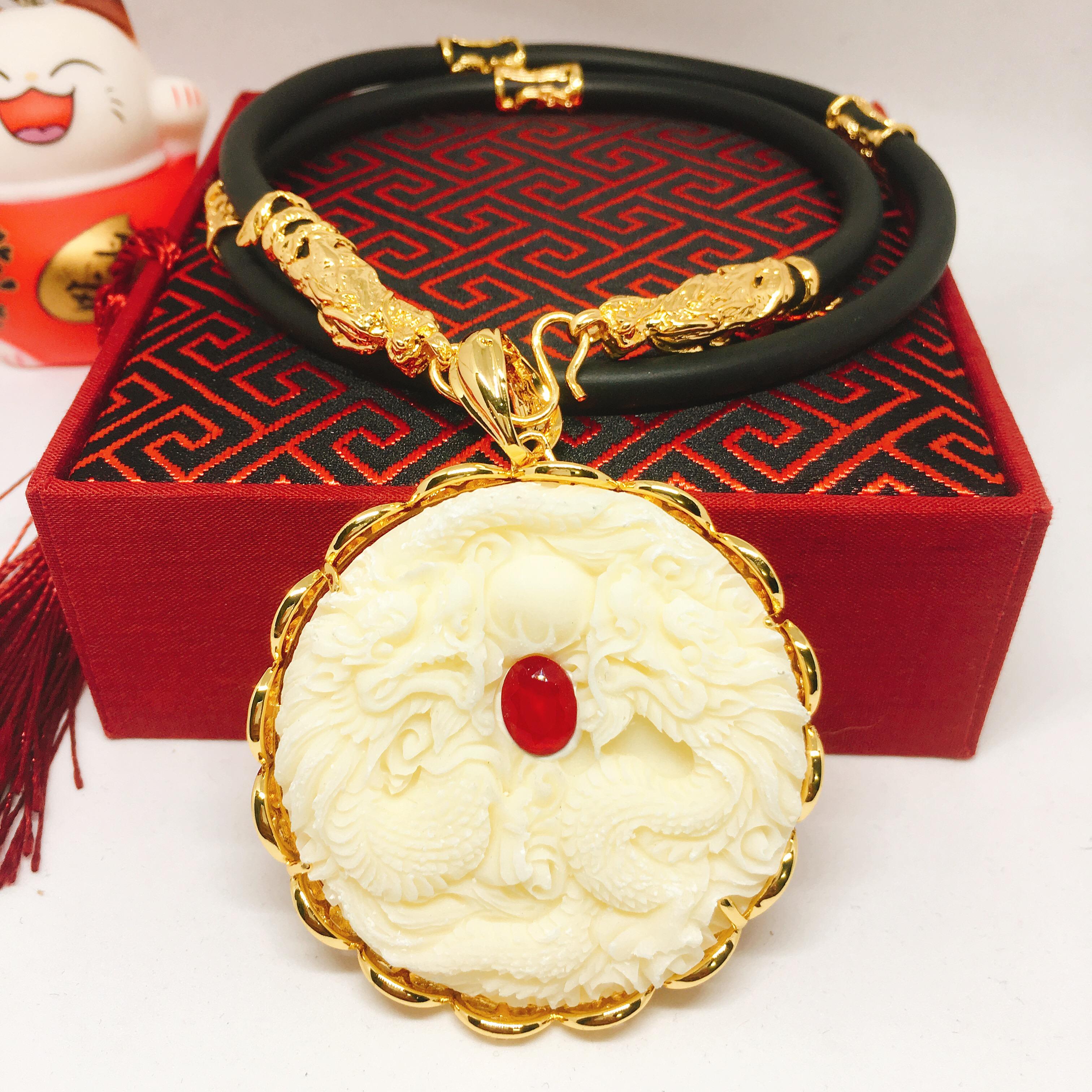 Dây chuyền Phong thủy Bạc Thái mặt Song Long ngọc đỏ cao cấp may mắn, Vòng Cổ Nam Phong Cách Thượng lưu, Dây chuyền nam bạc Thái phong cách  Jewelry Bảo Tín (dây và mặt) ( Màu trắng)