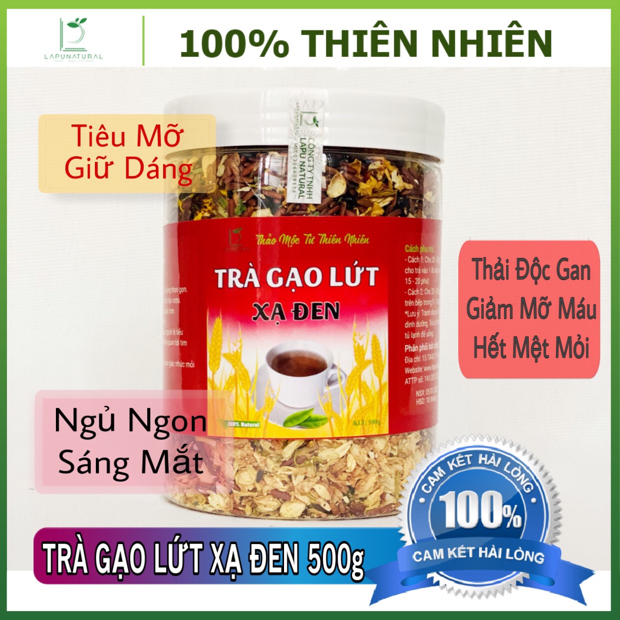 [Cao Cấp] Hộp 500g Trà Gạo Lứt Xạ Đen Lapu - Thanh nhiệt, giải độc, mát gan, giảm cân - 100% Thành Phần Thiên Nhiên