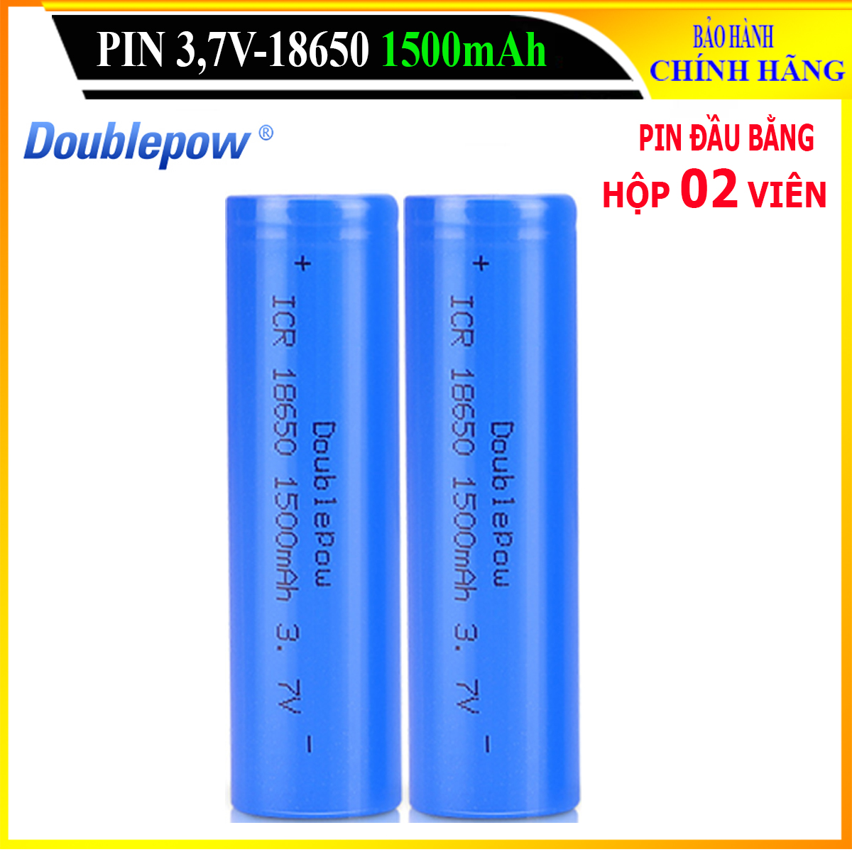 [Hộp 02 viên] Pin sạc Lithium 18650 - 1500mAh đầu bằng Doublepow, pin dung lượng thực