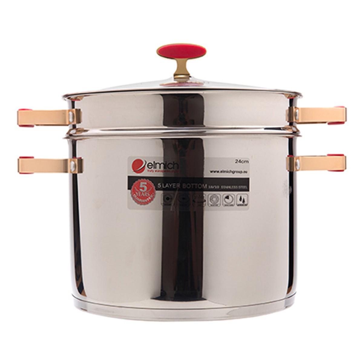 Bộ nồi xửng hấp 5 đáy Inox 304 nắp kính cao cấp Elmich Red Velvet EL-5585/EL-0979 24cm/28cm