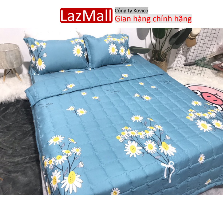Chăn hè thu trần bông 3 lớp cotton poly 1m8x2m mẫu cành cúc nền xanh Sunzin Kho chăn ga gối, ga giường, drap giường
