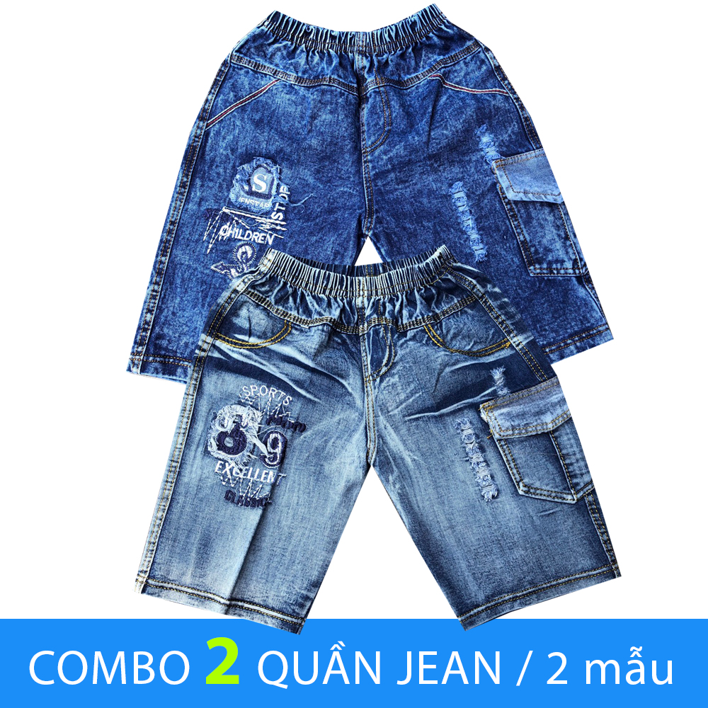 Combo 2 quần jean lửng bé trai cao cấp họa tiết ngẫu nhiên size từ 25-36kg VNXK vải mềm mịn