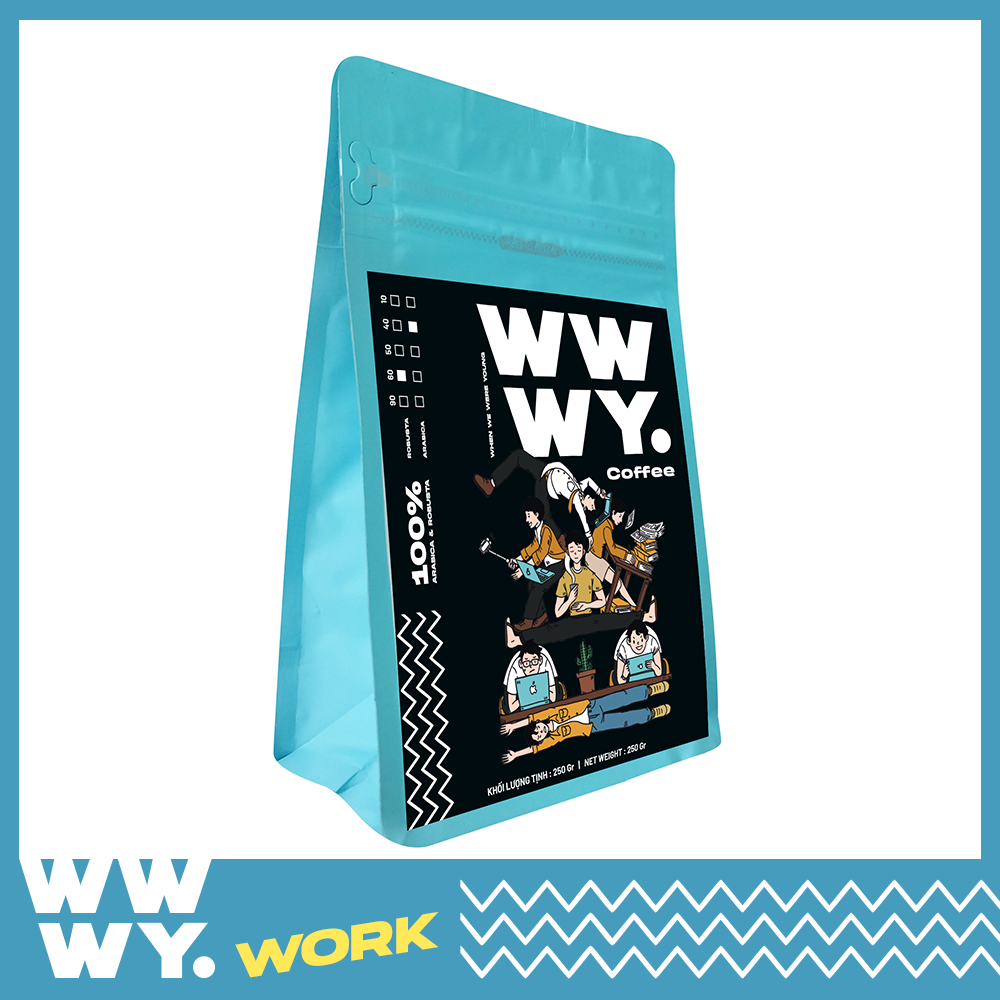 Coffee pha phin xanh , sạch - WWWY Work - 250 Gr - chất lượng , đậm , mạnh , cà phê phối trộn nguyên chất Robusta & Arabica , thích hợp làm quà tặng