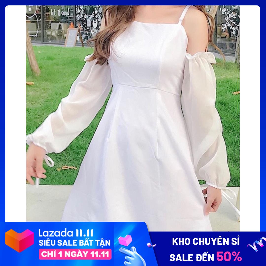 Đầm bẹt vai 2 dây tay lưới xịn xò