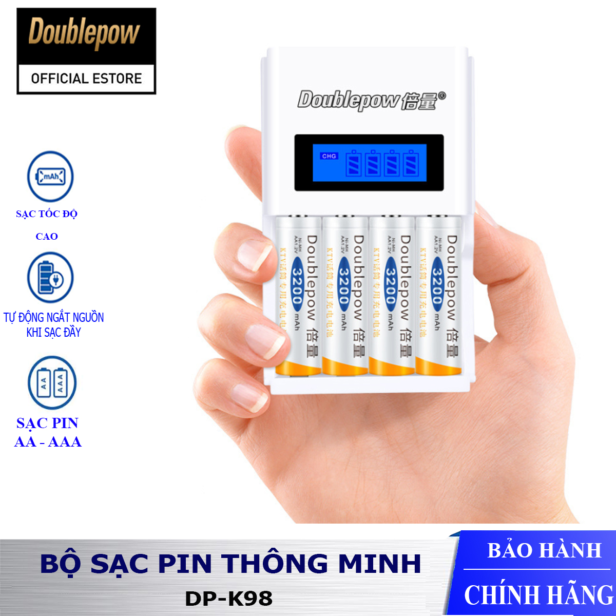 Bộ sạc pin đa năng tốc độ cao  thông minh tự ngắt, màn hình LCD báo dung lượng Doublepow DP-K98 - Bảo hành chính hãng
