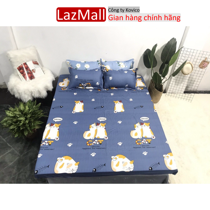 Bộ ga gối cotton poly 3 món họa tiết mẫu mèo xanh mới Sunzin Kho chăn ga gối, ga giường, drap giường