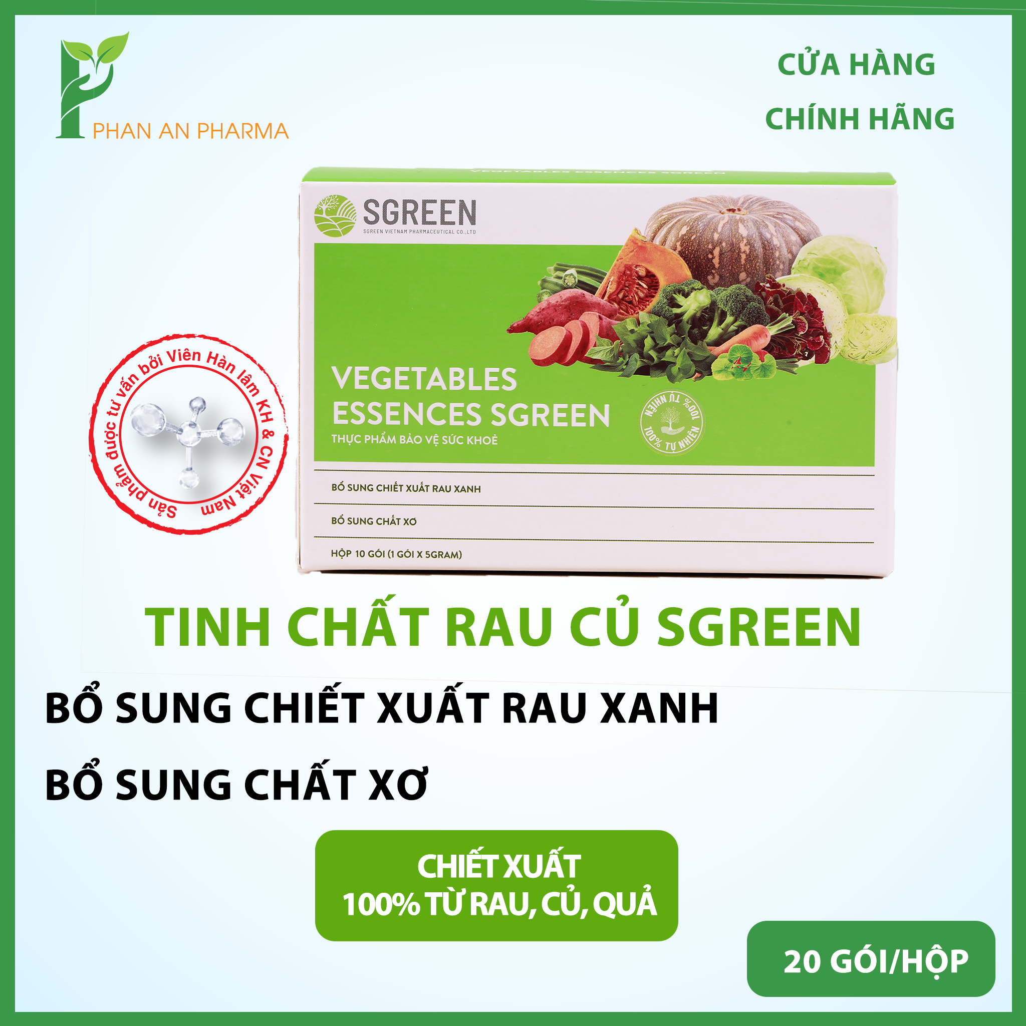Tinh Chất Rau Củ Quả SGreen Bổ sung chiết xuất rau củ quả cho cơ thể Detox thanh lọc, Bổ sung Vitamin, chất xơ, khoáng chất Giúp đào thải độc tố, nhuận tràng, giảm béo, sáng đẹp da Nine's Beauty Dược mỹ phẩm Phan An Green