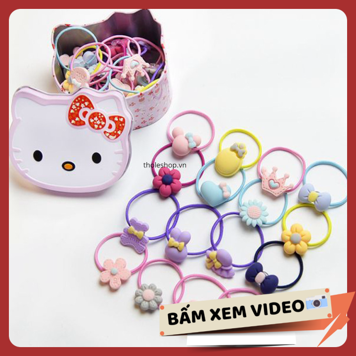 Dây buộc tóc cho bé - Hộp 40 dây cột tóc đủ màu cho bé gái - Hộp dây cột tóc Hello Kitty đáng yêu cho bé gái - Thun cột tóc thời trang trẻ em
