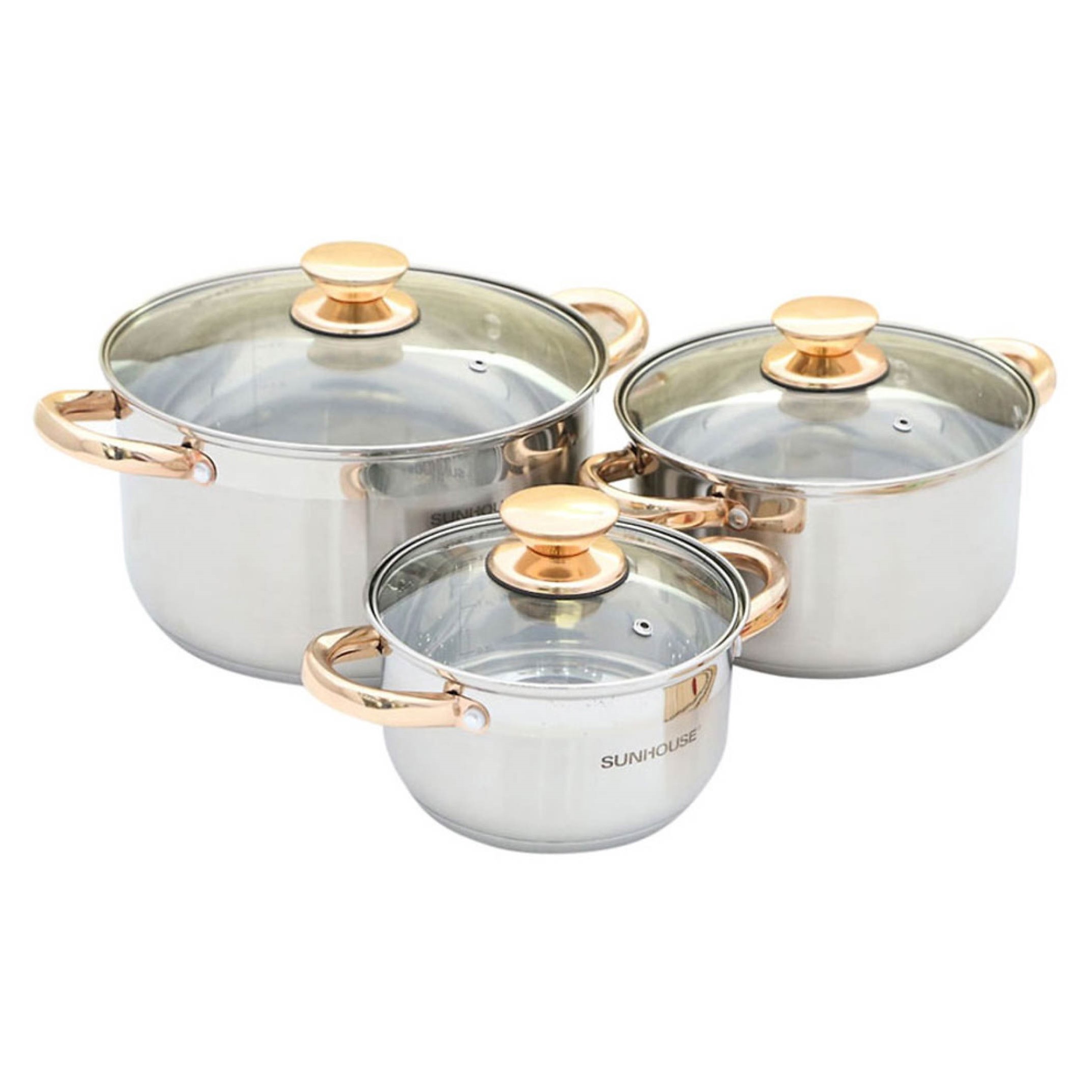 Bộ 3 nồi Inox 5 đáy Sunhouse SH781 - Sử dụng bếp từ - Đường kính 16/20/24 (cm) - Bảo hành 12 tháng