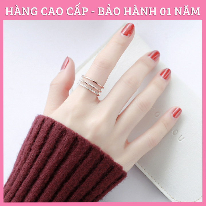 Nhẫn nữ, nhẫn titan ko đen mẫu 3 hàng đính đá cá tính
