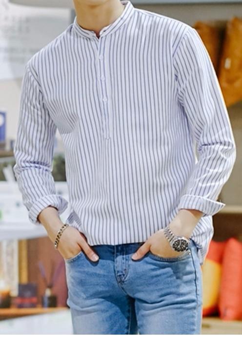 [HCM]Áo sơ mi nam kẻ sọc trắng xanh cổ trụ chui kiểu Hàn Quốc