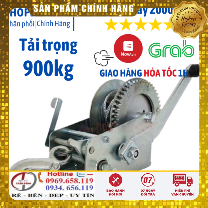 Tời Quay Tay 2000 LBS Tải Trọng 908 Kg Có Cáp Móc 10 Mét