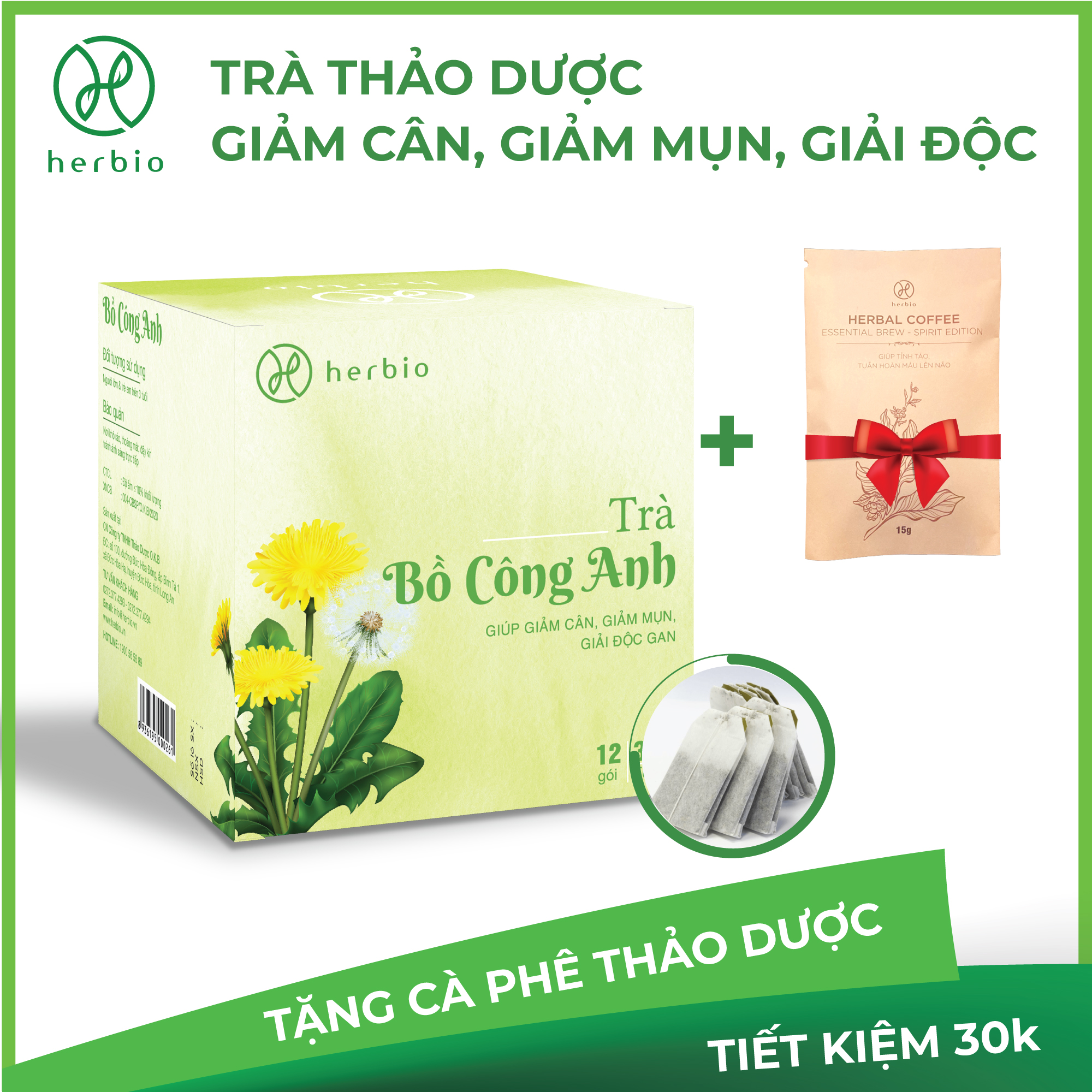[HCM][TẶNG GÓI CAFE THẢO DƯỢC 15G] Trà giảm cân Bồ Công Anh Herbio - giảm mỡ bụng  giải độc mát gan - hộp 12 gói  gói 3g