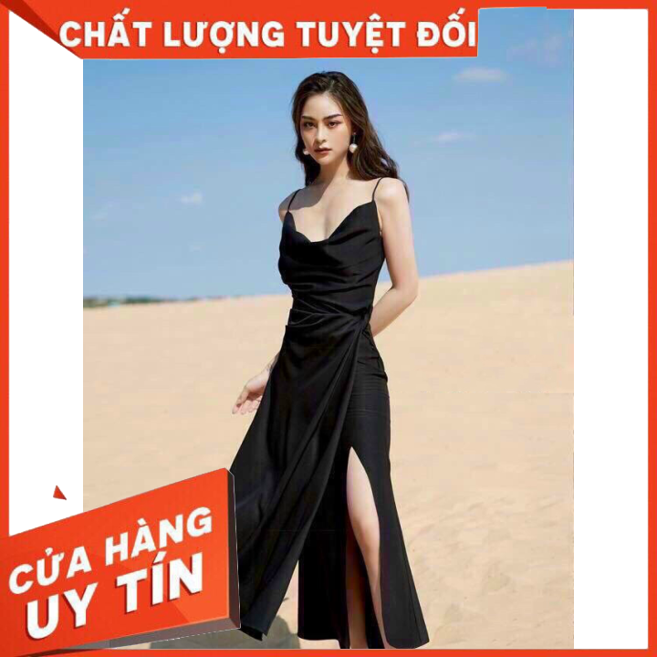 Đầm nữ hai dây cổ đổ xẻ tà trang phục dự tiệc và đi chơi chất liệu umi cao cấp