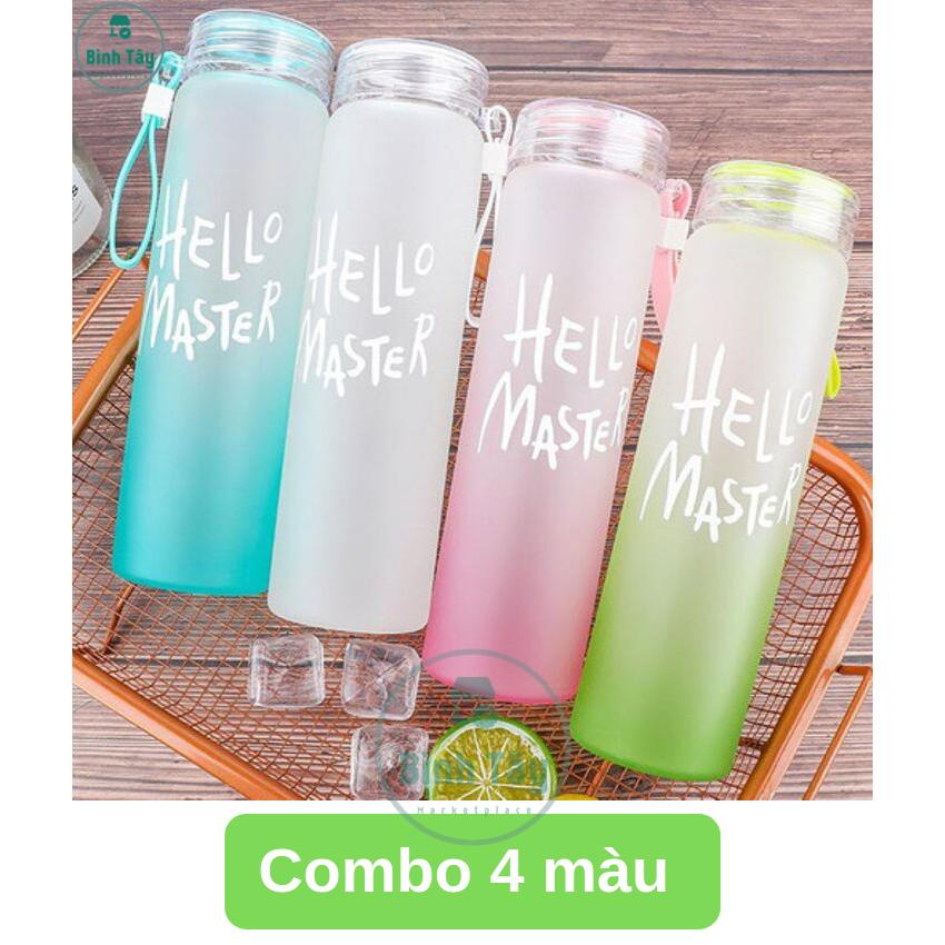 Bình thuỷ tinh đựng nước in chữ hello master màu sắc 420ml bt-a001-4c