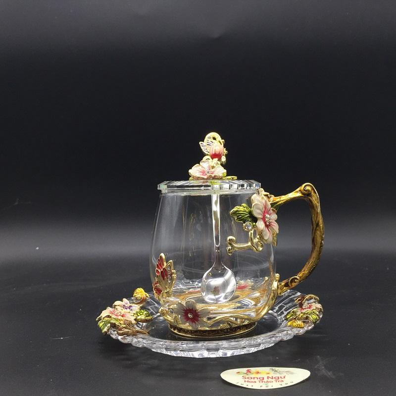 Hộp quà bộ cốc (ly) đĩa thủy tinh enamel CÚC HỒ ĐIỆP- SONG NGƯ HOA THẢO TRÀ