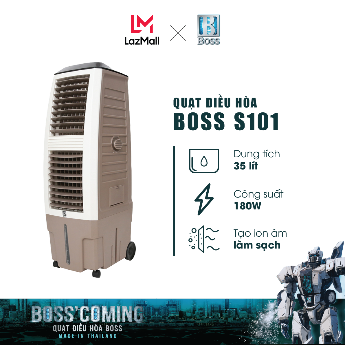 [Trả góp 0%]Quạt điều hòa không khí Boss S101 - 35 lít - 180W | Bảo hành 12 tháng chính hãng | Made in Thailand