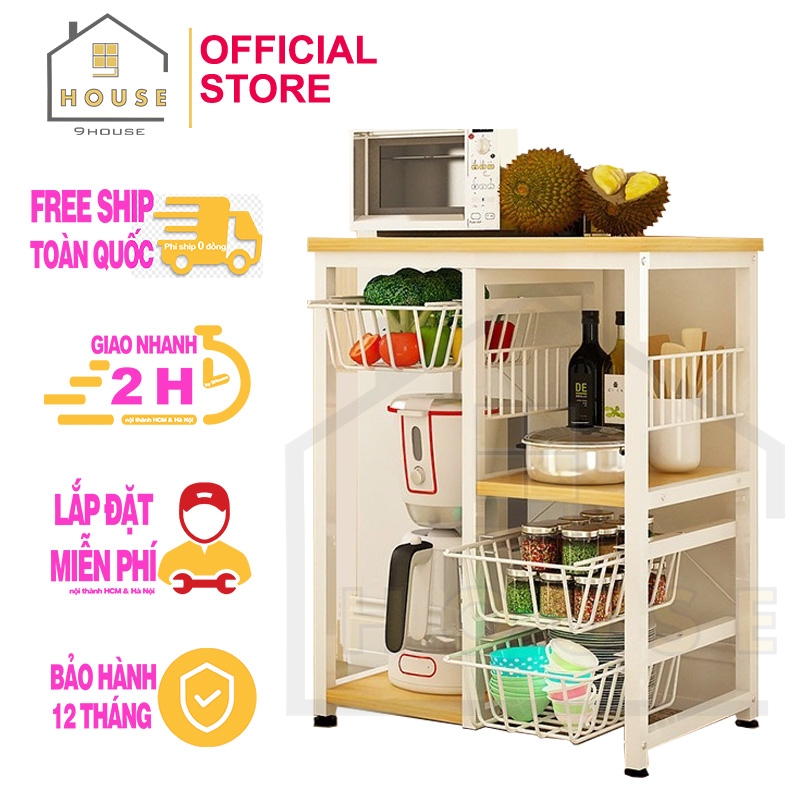 Kệ để lò vi sóng mã 172 9House loại có kèm rổ lưới mẫu kệ bếp đa năng để lò nướng nồi cơm điện loại khung sắt dày tĩnh điện chống rỉ mặt gỗ MDF lõi xanh phủ melamine chống thấm nước cao cấp sản xuất tại Việt Nam
