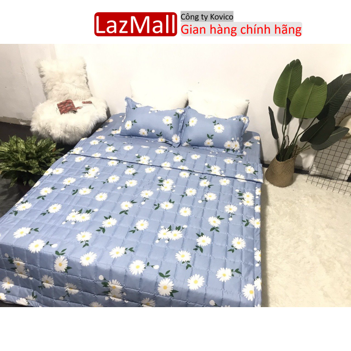 Bộ chăn hè ga gối 4 món cotton poly(1 Drap 2 Vỏ Gối Nằm 1 Chăn Hè)mẫu cúc hoạ mi xanh Sunzin  Kho chăn ga gối, ga giường, drap giường