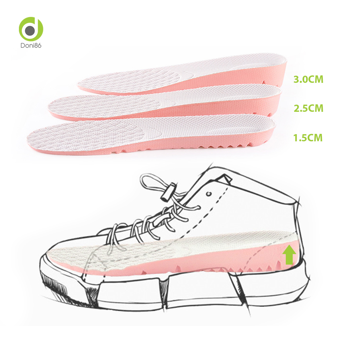 Lót giày tăng chiều cao 1.5cm 2.5cm 3cm đế cao su tổ ong màu hồng dành cho nữ - doni86 - dopk156