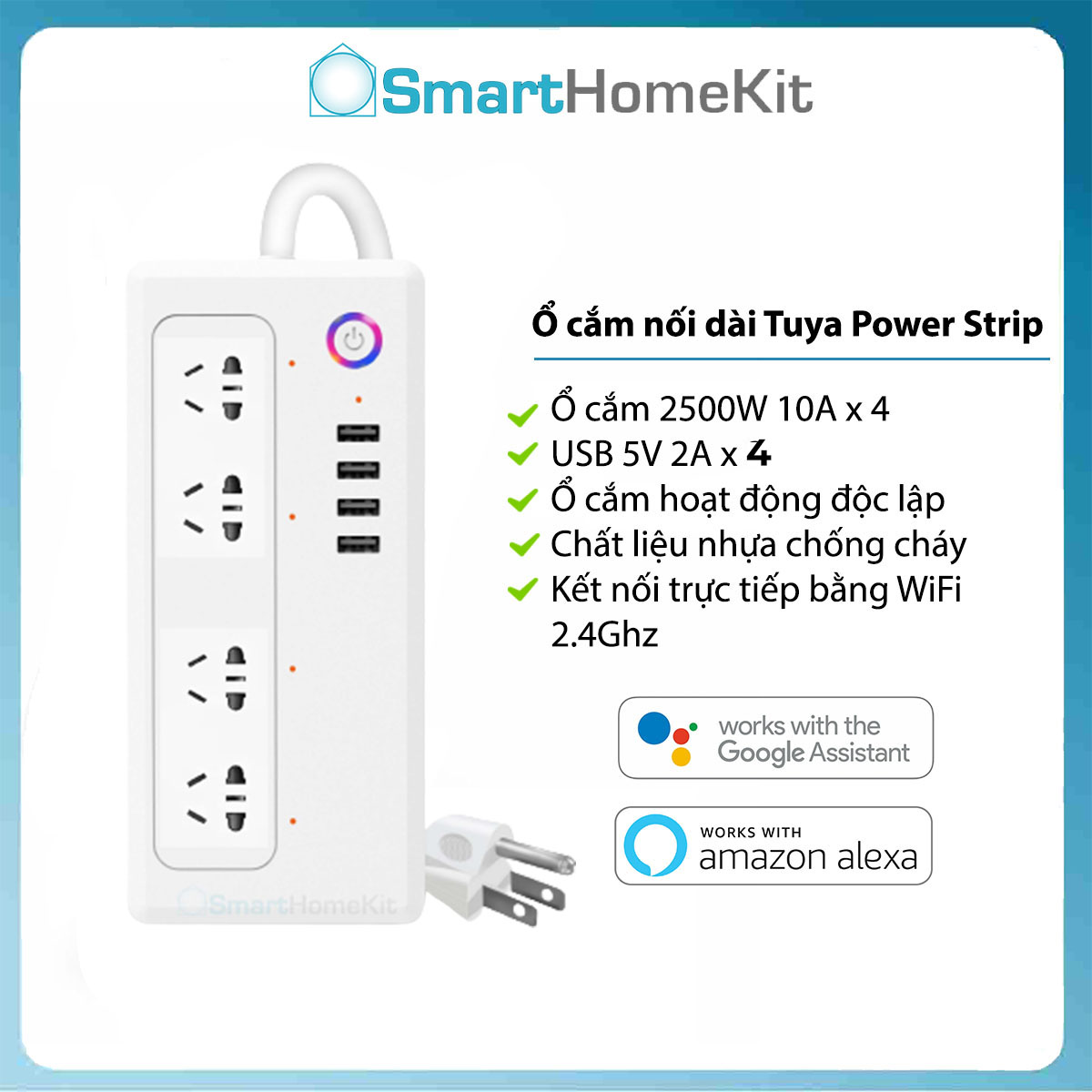 Ổ cắm nối dài thông minh Wifi Tuya 2200W 10A hỗ trợ Google Home Alexa by Smart HomeKit