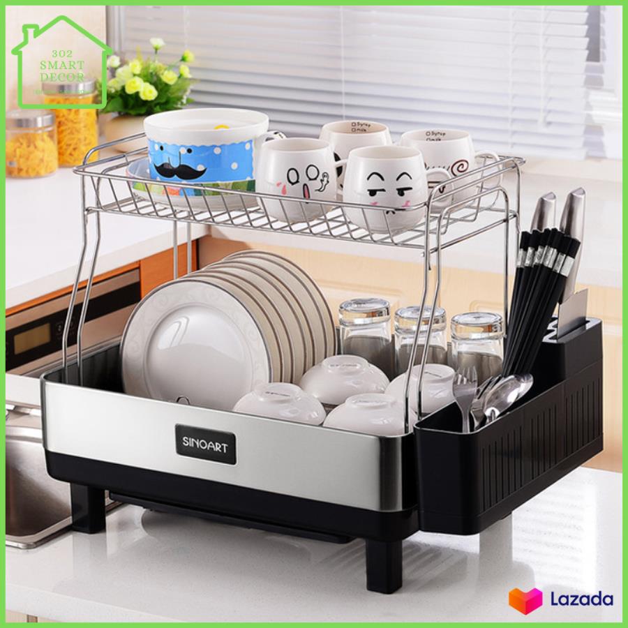 Kệ úp bát đĩa 2 tầng inox Sinoart có khay hứng nước- giá úp bát đĩa 2 tầng có khay cài dao thìa đũa inox 2 tầng - M012