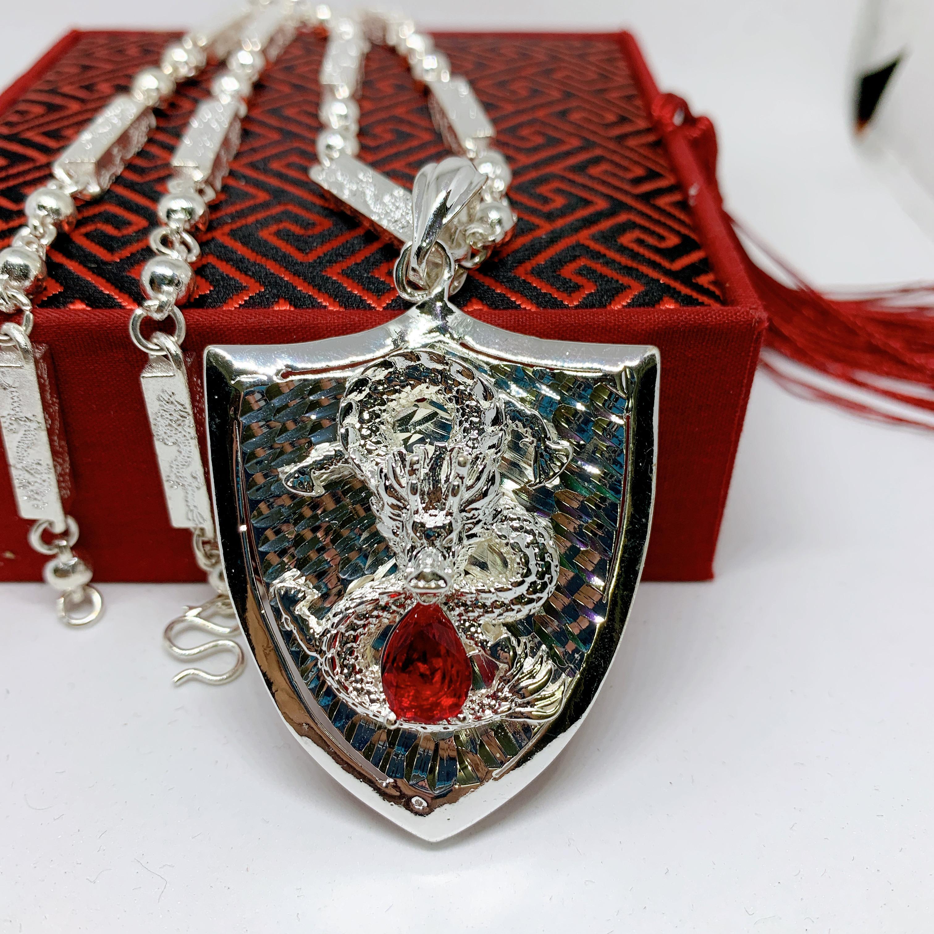 Dây chuyền Phong thủy Mặt Thiên Long đính đá đỏ Bạc Thái Cao Cấp - dây chuyền nam, dây bạc, vòng cổ, day chuyen (dây và mặt) ( Màu bạc)