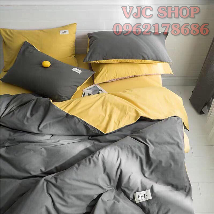Bộ Chăn Ga Gối Cotton Tici (4 Món) Phối Màu Ghi Xám - Vàng Chất Đẹp Mềm Mại Không Xù Nhiều Cỡ Lựa Chọn